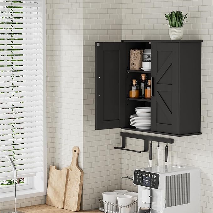 Homleke Bathroom Wall Cabinet, Over Toilet Storage Cabinet with Barn Doors and Adjustable Shelves, 3-Tier Medicine Cabinet Wall Mounted, for Bathroom, Kitchen, Entryway, Laundry Room, Black, (7.9" D)