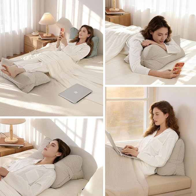 Pat. Pend. Corduroy Lumbar Support Back Pillow for Watching TV, Reading & Gaming, Ergonomic Triangle Support Cushion for Sofa, Armchair & Bed Sitting, Removable Washable Cover, Beige Gray