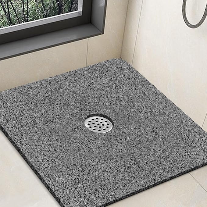 Shower Mat Non Slip,32 x 32 Inch Extra Large Square Shower Mat with Drain Hole in Middle,Soft Loofah Bath Mat Shower Stall Bathtub Mat for Inside Shower Bathroom,Without Suction Cups (Grey)