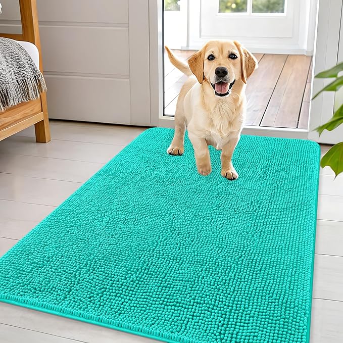 OLANLY Dog Door Mat for Muddy Paws 44x32, Absorbs Moisture and Dirt, Absorbent Non-Slip Washable Doormat, Quick Dry Chenille Mud Mat for Dogs, Entry Indoor Entryway Carpet for Inside Floor, Teal
