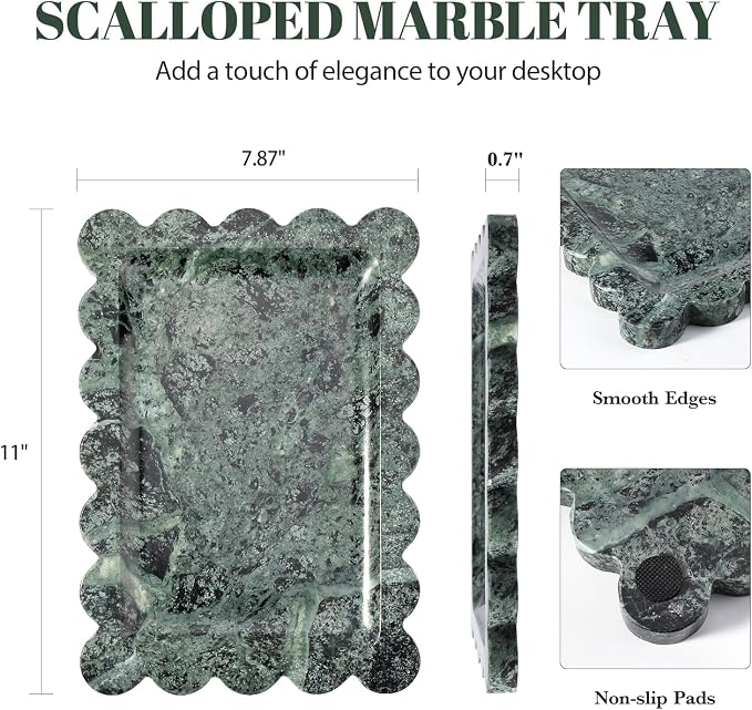 Koville Scalloped Marble Tray, 11"x8" Marble Vanity Tray for Countertop Bathroom Kitchen Dresser, Natural Stone Tray for Jewelry Perfume Home Decor, Decorative Catchall Trays(Green)
