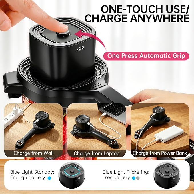 Electric Jar Opener for Seniors with Arthritis, TFCC & Weak Hands, Patented Power-Grip Auto-Tighten Manual Lid Opener, Rechargeable 2-in-1 Jar & Bottle Opener with Storage Hook & Non-Slip Pad(Black)