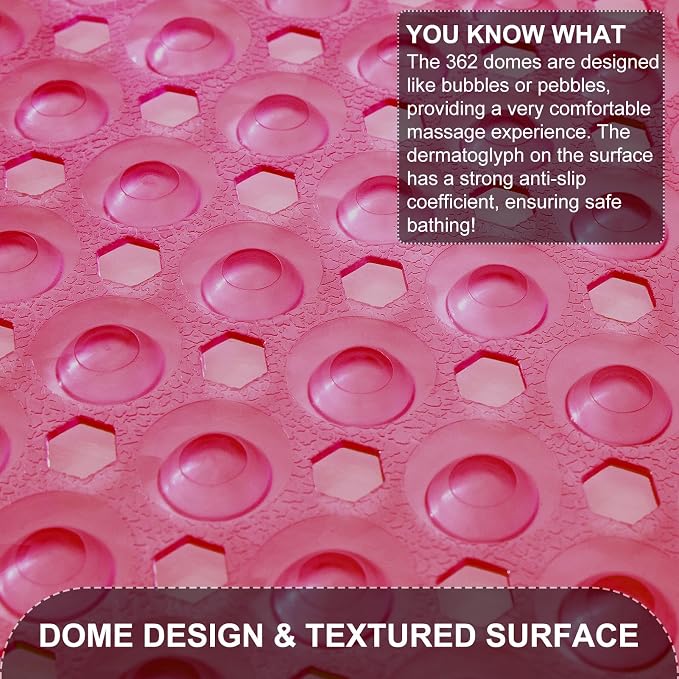 TEESHLY Bath Tub Shower Mat, Non Slip Bathtub Floor Liner Mats with Suction Cups and Drain Holes, Machine Washable Bathmat for Bathroom Floor Safety, 40 x 16 Inch, Clear Burgundy