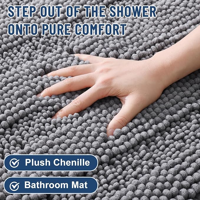 Grandaily Chenille Striped Bathroom Rugs 30x20, Extra Thick and Soft Absorbent Bath Mats, Rubber Backing, Plush Shaggy Shower Carpet, Machine Wash Dry, Bath Rug for Bathroom, Grey