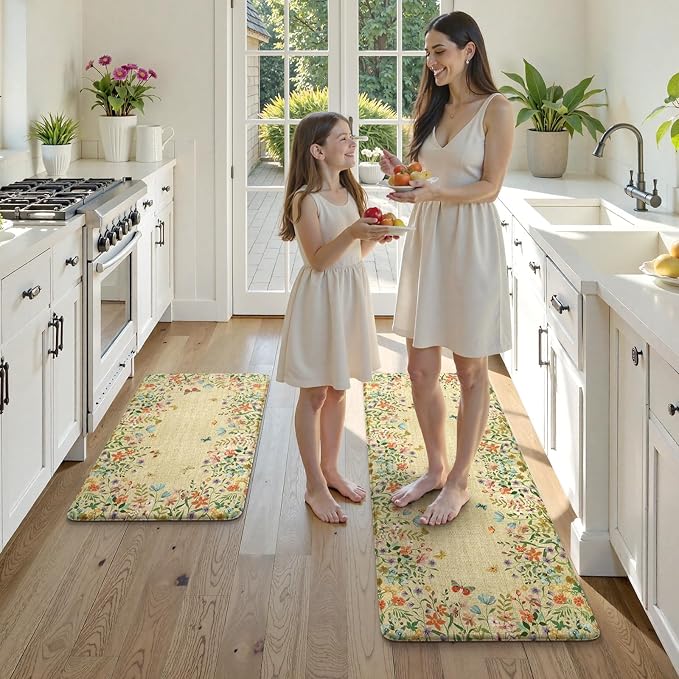 KIMODE Anti Fatigue Mats for Kitchen Floor 17"x47"+17"x29", Brown Butterfly Floral Kitchen Rugs Sets of 2, Cushioned Kitchen Floor Mats, Non Slip Standing Mat for Sink Laundry Office Desk