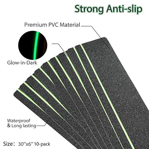 COSIMIXO 30" X 6"(10-Pack) Anti Slip Traction Treads with Glow in The Dark Stripe,Best Grip Tape Non Skid, Outdoor Anti-Skid Tape, High Traction Friction Abrasive Adhesive for Stairs Step