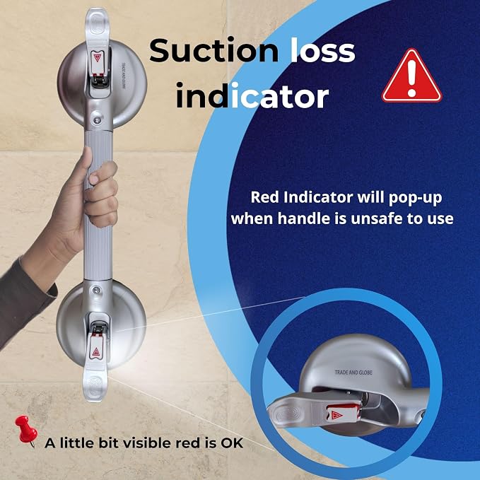Heavy Duty Grab Bar with Large Suction Cups for Shower and Bathtub, Easy Tools-Free Installation & Removal, Safety with Compression Loss Warning, Useable on Diffrent Surfaces (Silver, 19 Inches)