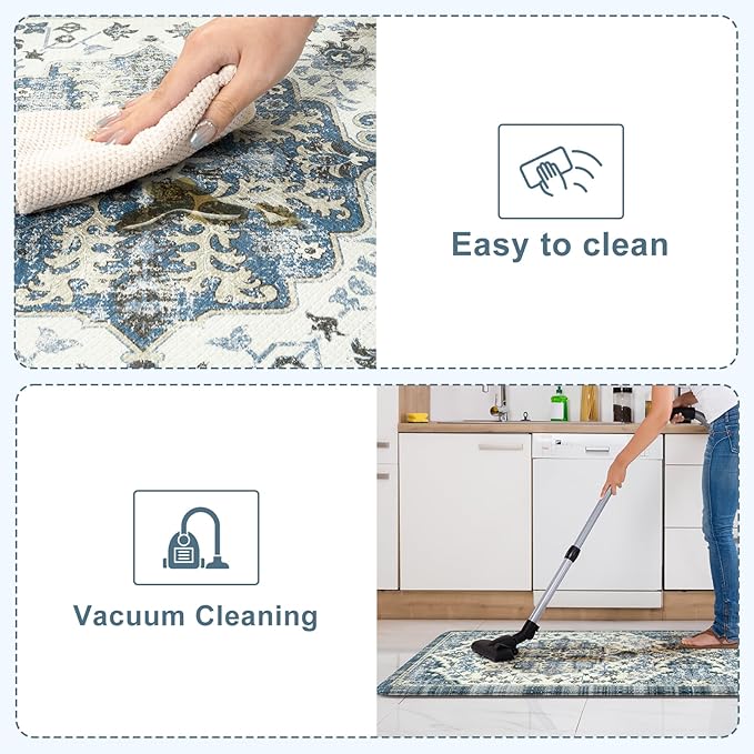 KIMODE Anti Fatigue Kitchen Mats, 17"x47"+17"x29" Boho Vintage Kitchen Rugs Sets of 2, Non Slip Kitchen Mats for Floor, Cushioned Kitchen Floor Mats for Sink Laundry Office Desk Blue Multi