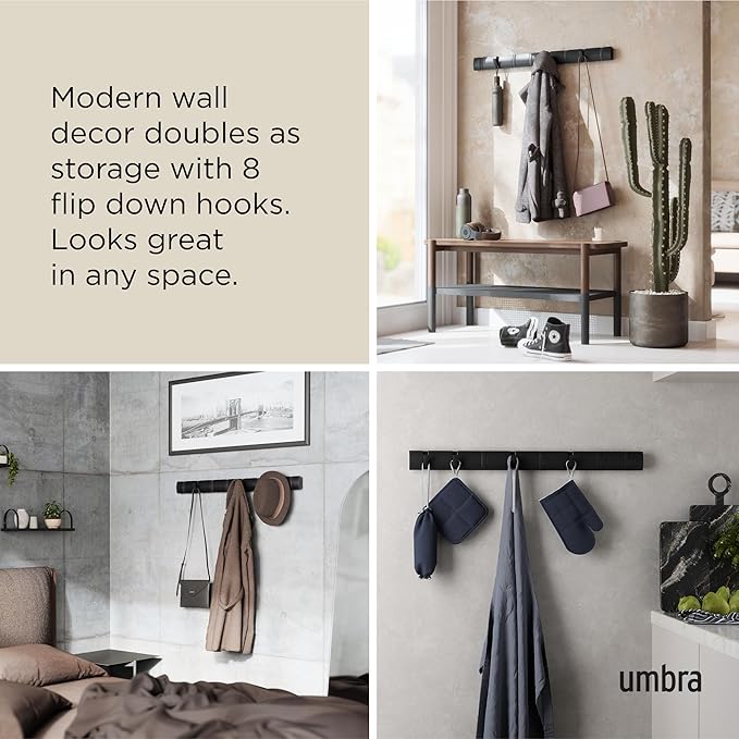 Umbra Flip Wall-Mounted Coat Rack with 8 Hooks – Modern, Space-Saving Storage for Hats, Jackets, Bags, Entryway, Mudroom, Closet, Bathroom, Bedroom – Black