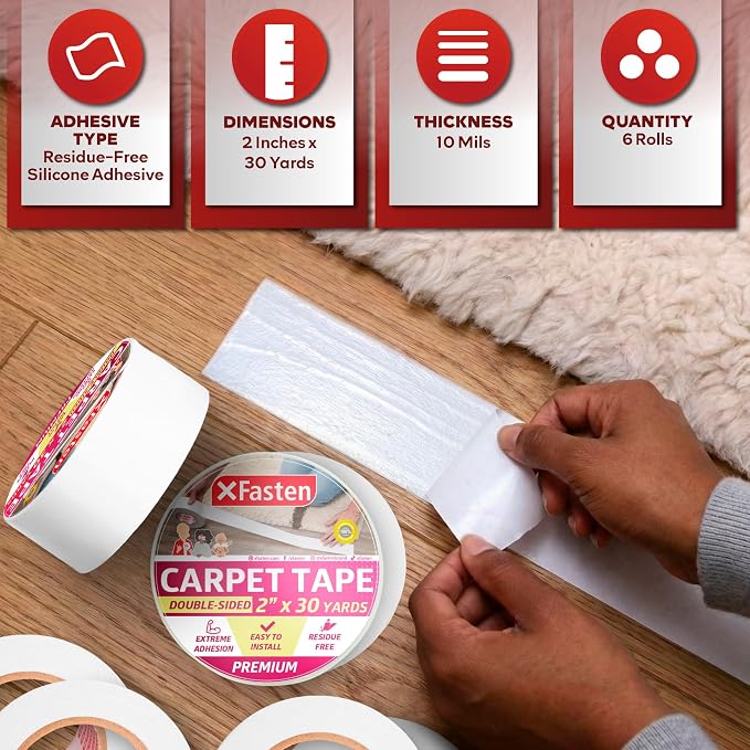 XFasten Double Sided Carpet Tape for Area Rugs, 2 Inch x 30 Yards (6-Pack) – Heavy Duty Anti Slip Rug Grip Tape, Works as Rug Gripper, Wood Safe, Easy Removal for Hardwood and Laminated Floors