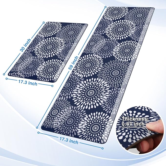 LuxStep Kitchen Mats for Floor,0.47 inch Thicker Cushioned Rug Anti-Fatigue Mats for Kitchen Decor Accessories,Waterproof Non-Slip Mats and Rugs Set for Office,Laundry 17.3"×29"+17.3"×60",Blue