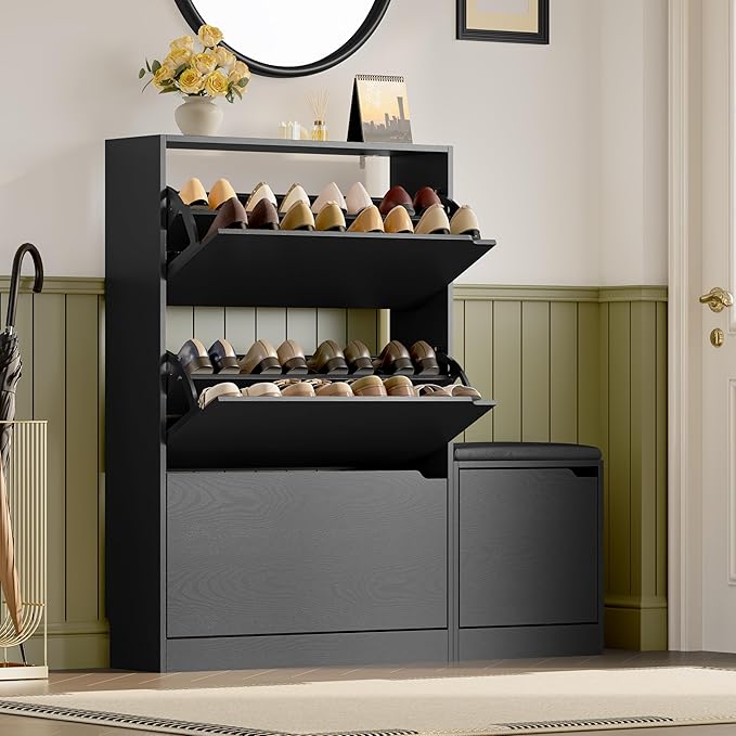 BORNOON Shoe Cabinet with Bench and 3 Flip Drawers, Slim Narrow Shoe Storage Cabinet, Freestanding Shoe Rack Organizer with Adjustable & Removable Shelves, Anti-Tip for Entryway, Hallway, Foyer