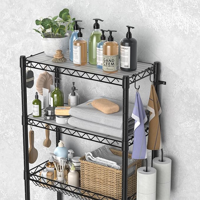 Hodonas Over The Toilet Storage Shelf, Adjustable Bathroom Organizer with Toilet Paper Holder & 8 Hooks, 3 Tier Sturdy Metal Space Saver for Bathroom/Kitchen, Easy Assembly Above Toilet Shelf, Black