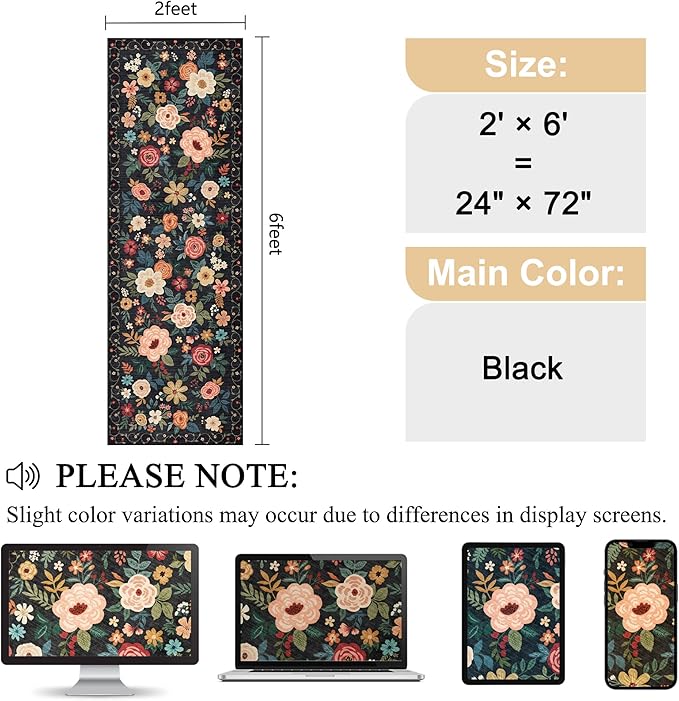 DUKINO 2x6 Runner Rug for Hallway, Washable Kitchen Runner Rug with Non Slip Backing, Low Pile Soft Boho Floral Runner for Kitchen, Hallway, Entryway, Laundry, Bedroom, Black