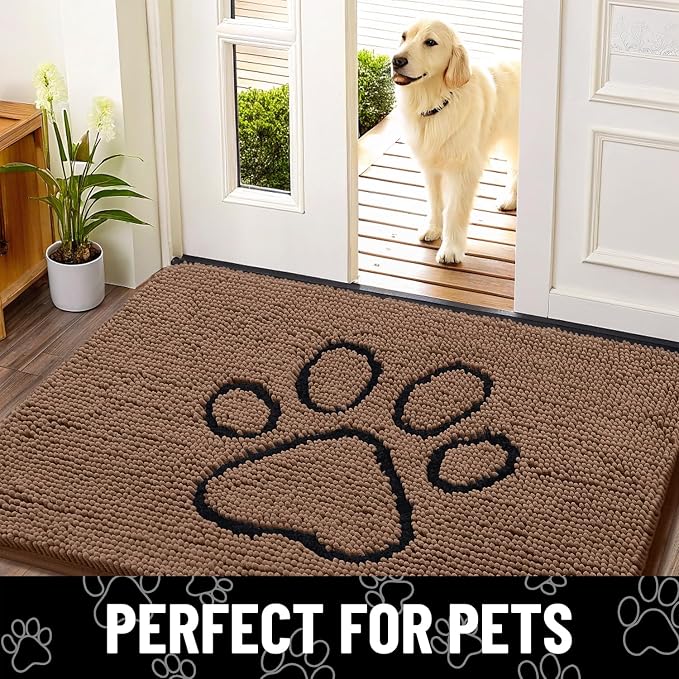 Smiry Dog Door Mat for Muddy Paws, Absorbent Dirt Trapper Non Slip Quick Dry Washable Chenille Mat for Mud Dogs, Entry Rug for Indoor and Outdoor (59x24 Inches, Coffee and Black)