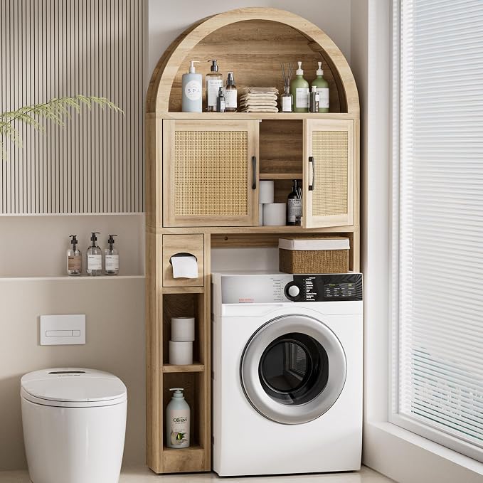 Spurgehom Over The Toilet Storage Cabinet, Bathroom Shelf Organizer Freestanding, Bathroom Arch Cabinet Over Toilet with Toilet Paper Holder and Anti-Tipping Device (Wood & Wicker Door)