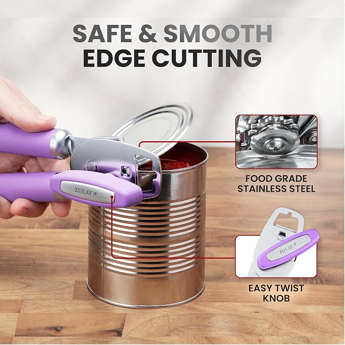 Zulay Kitchen Heavy Duty Stainless Steel Can Opener Manual with Bottle Opener - Rust Proof Manual Can Opener With Turn Knob & Comfy Soft Grip Handles - Lavender