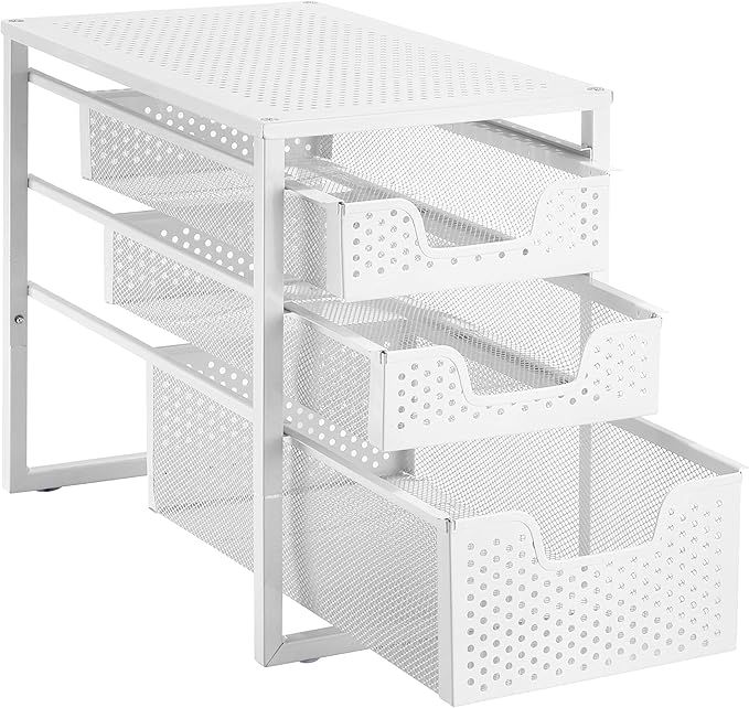 Simple Trending 3-Tier Under Sink Cabinet Organizer with Sliding Storage Drawer, Desktop Organizer for Kitchen Bathroom Office, Stackbale,White