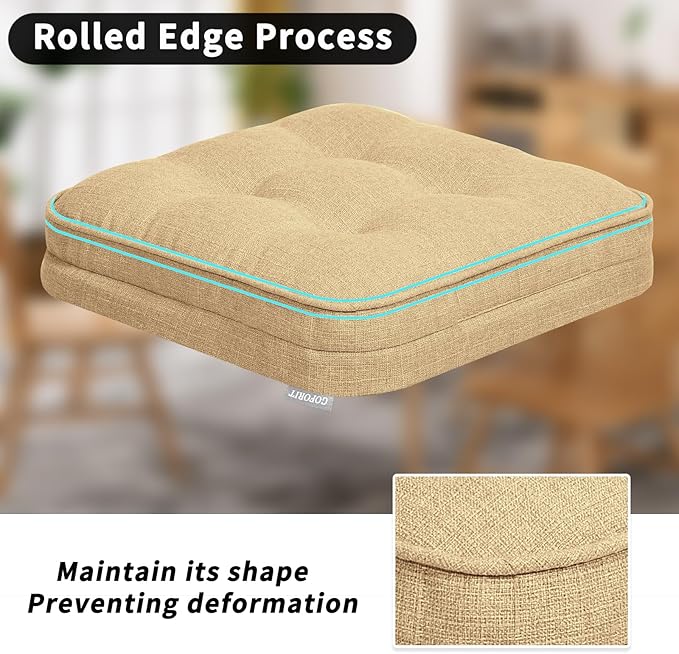 GOFORIT Memory Foam Cushion，Square Seat Cushions for Dining Chairs,Non-Slip Chair Pads with Removable Cover, 16'' x 16'', 2 Pack,Khaki
