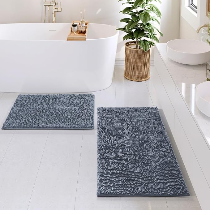 Hearth & Harbor Bathroom Rugs, Chenille Bath Mat - Machine Washable Bath Mats for Bathroom Non-Slip Backing Rubber, Quick Dry Bathroom Mat, 17 x 24 + 20 x 32 - Stone Blue