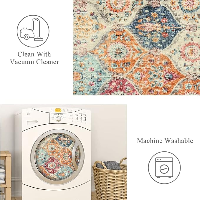 Lahome Moroccan Trellis Washable Runner Rug, 2x6 Kitchen Runners for Hallways 6 Feet Non Slip, Vintage Laundry Room Rug Ultra-Thin Carpet for Bathroom Bedroom Entryway Elise, Cream/Multi