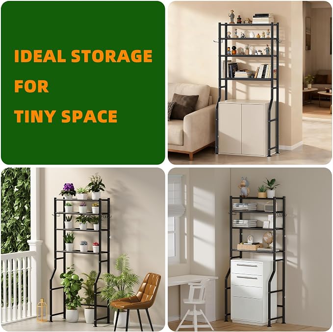 GloTika 4-Tier Over Toilet Storage with Anti-Tilt Safety System - 150lb Total Capacity Metal Bathroom Shelves Including Paper Holder & 4 Hooks, Space Saving Above Commode Organizer (64" H, Black)