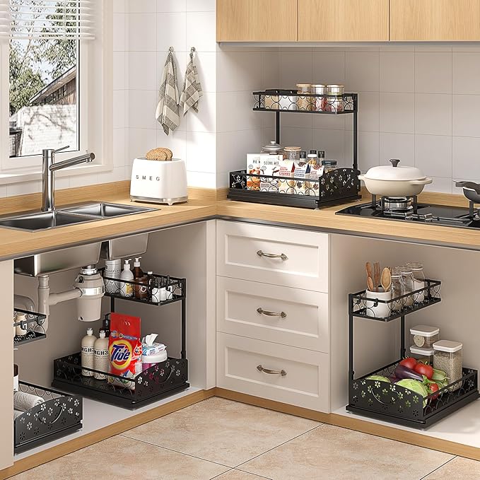 Sevenblue 2 Packs Under Sink Organizer, Height Adjustable 2 Tier Under Kitchen Sink Organizer, Multi-Purpose Storage Shelf for Kitchen Bathroom Cabinet (Metal, Extra Large)