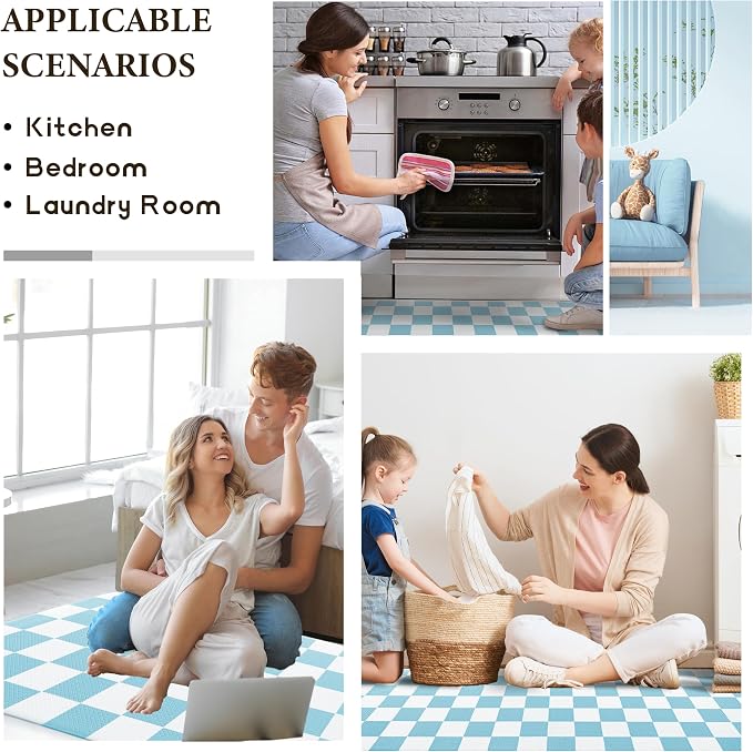 Sky Blue Checkered Grid Checkerboard Kitchen Rug Sets [2 PCs], Anti-Fatigue, Waterproof Non-Slip Kitchen Mats Heavy Duty Ergonomic Comfort Foam Rug for Floor, Home, Laundry,17"x29"+17"x47"