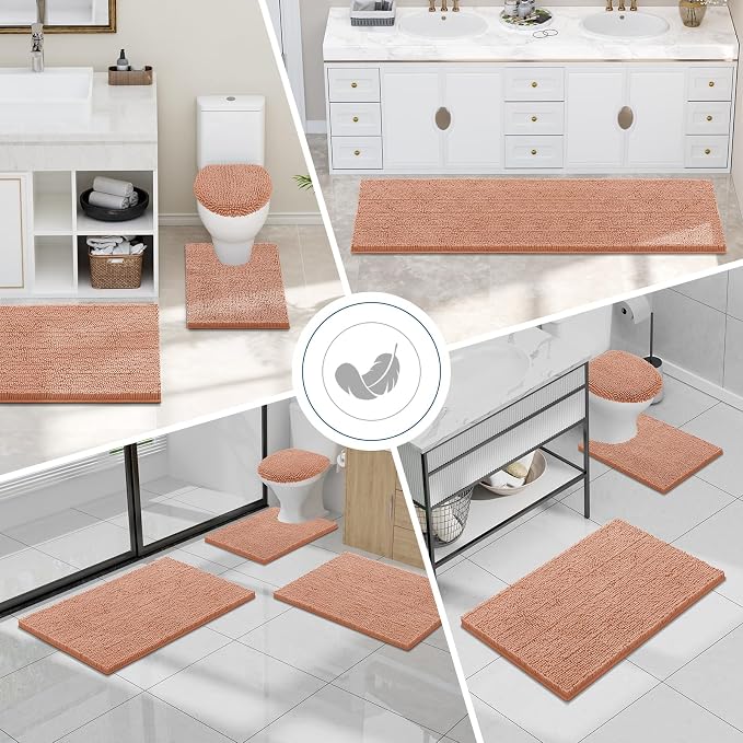 Smiry Luxury Chenille Bathroom Rugs 24x16, Extra Soft and Absorbent Shaggy Bath Mat, Machine Washable, Non-Slip Plush Carpet Runner for Tub, Shower, and Floor, Home Decor Accessories, Peach