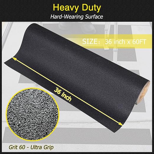 S&X Anti Slip Tape 36 Inch x 60 FT Roll, Ultimate Non-Slip Skid Grip Tape for Outdoor Stair Treads, Wooden Steps & Exterior Grips, Black, Grit 60, Waterproof, Extra-Durable, Long-Lasting Tread Strips