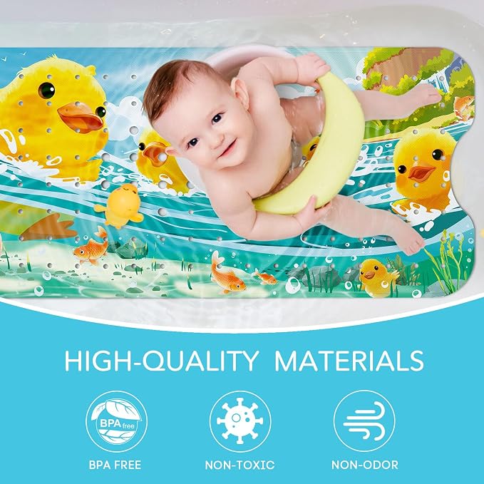 SHUCHING Yellow Duck Baby Bath Mat for Tub Non Slip-40 X 16Inch, Kids Bathtub Mat Anti Slip, Toddler Long Shower Mat for Bathroom Mold Free, Machine Washable