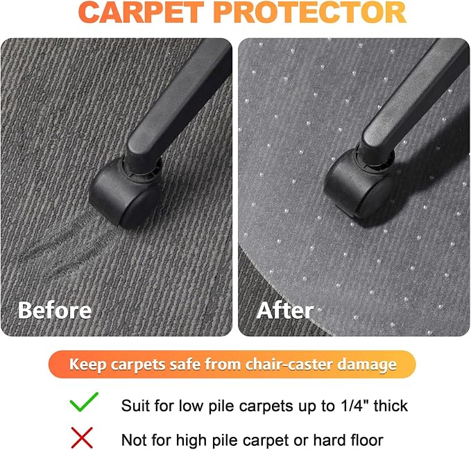 Chair Mat for Carpet- Low Pile (1/4" Thick) Carpet Protector for Office Gaming Computer Desk Chair. Heavy Duty Desk Chair Mat for Carpeted Floors, Semi Transparent (Round-39in)