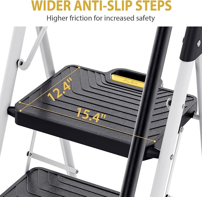 KINGRACK 5 Step Ladder, Folding Step Stool with Comfortable Handrail, Wide Anti-Slip Pedals & Safe-Lock Design, 800lbs Load Capacity, Sturdy Steel Portable Ladder, Perfect for Home and Kitchen, White