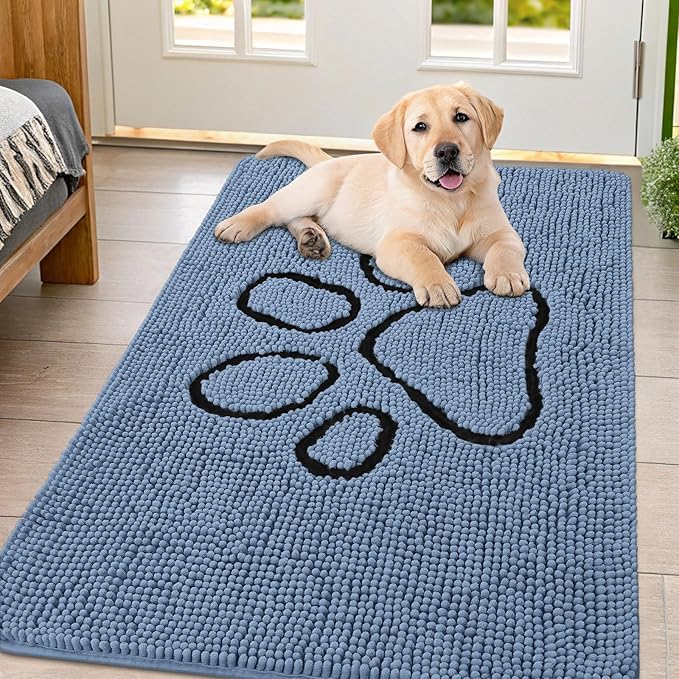 Smiry Dog Door Mat for Muddy Paws, Absorbent Dirt Trapper Non Slip Quick Dry Washable Chenille Mat for Mud Dogs, Entry Rug for Indoor and Outdoor (47x32 Inches, Airy Blue and Black)