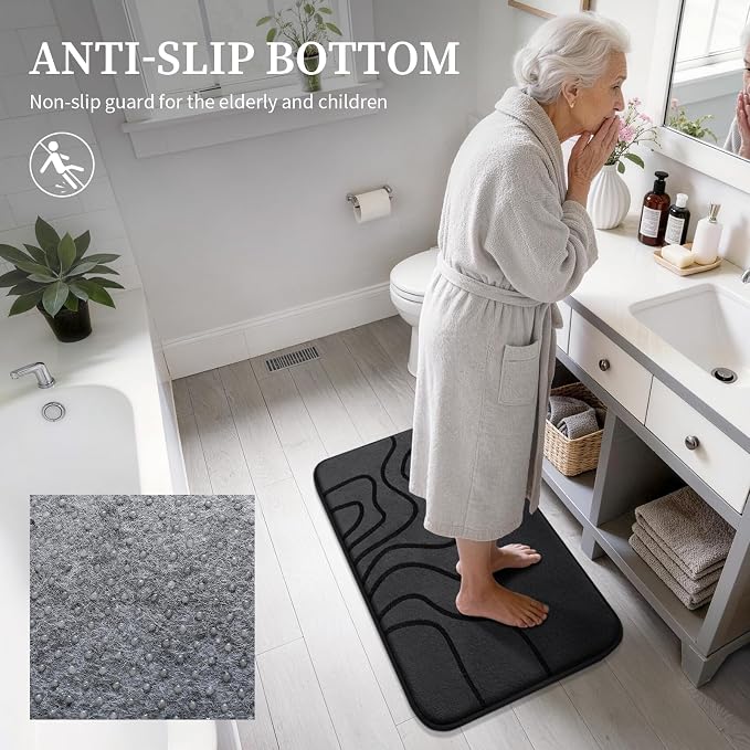 YIHOUSE Memory Foam Bathroom Rugs Sets 2 Piece - Extra Thick Ultra Soft Absorbent Bath Mat Set, Non-Slip Machine Washable Bath Rugs for Bathroom, Tub & Shower, Home Decor (32"x20"+24"x17", Black)