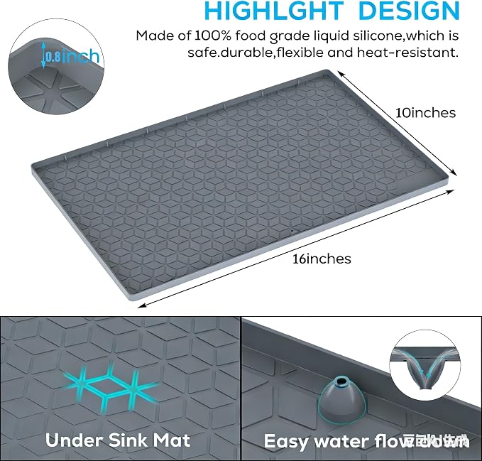 Under Sink Mat 10"x16" Under Sink Mats for Kitchen, Silicone Waterproof Under Sink Liner, Sink Cabinet Organizer Tray with Drain Hole
