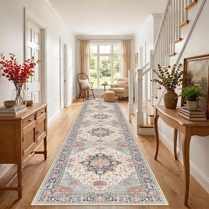 RELEANY Area Rugs Runner 3'x20' Washable Non-Slip, Floral Vintage Distress Medallion Carpet for Kitchen Hallway Bedroom Beside Laundry Room Bathroom, Beige Navy Blue Orange Colorful