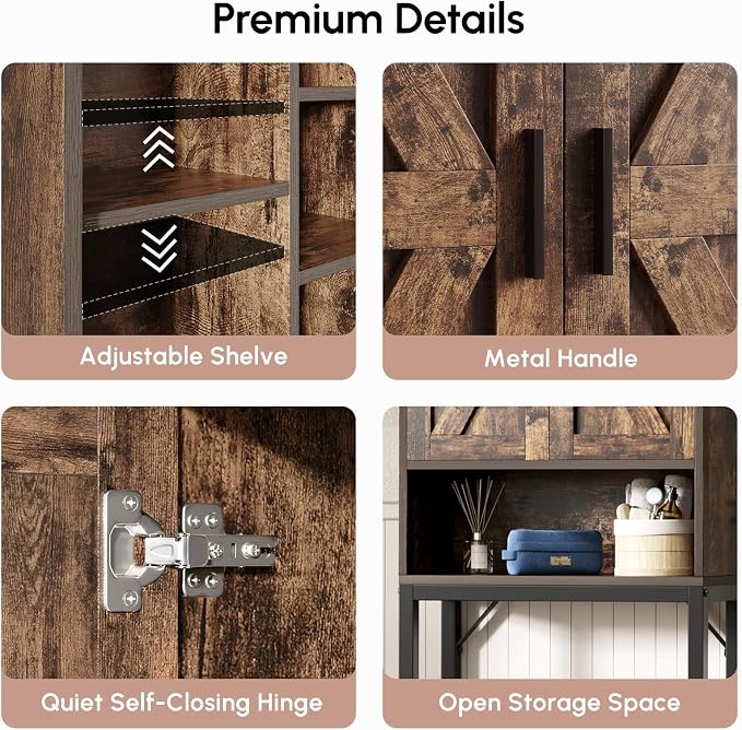 USHOWER Over The Toilet Storage Cabinet, Bathroom Organizers and Storage with Barn Doors, Thicken Metal Stand & MDF Wood Above Toilet Storage Cabinet, Freestanding Space Saver, Brown