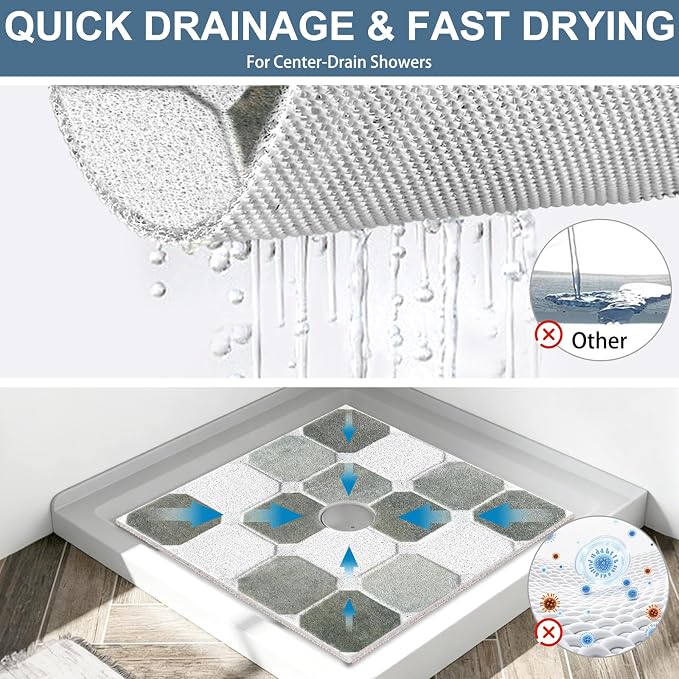 Square Shower Mat Non Slip: 24x24 Inch Extra Large Shower Mats for Inside Shower, Non Slip Shower Mat with Drain Hole in Middle- Anti Slip Shower Floor Mat, Loofah Shower Stall Mats for Elderly