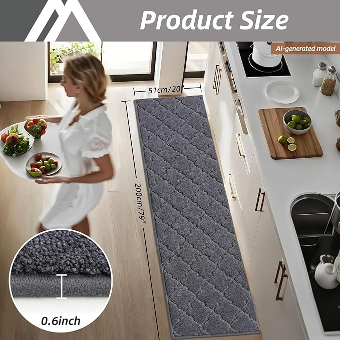 COSY HOMEER Soft Kitchen Floor Mats for in Front of Sink Super Absorbent Kitchen Rugs and Mats 20"x79" Non-Skid Kitchen Mat Standing Mat Washable,Polyester,Dark Grey