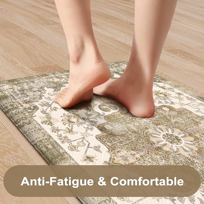 KIMODE Anti Fatigue Mats for Kitchen Floor 2 Piece, Boho Floral Kitchen Rugs Non Slip, Cushioned Kitchen Floor Mats, Comfort Standing Desk Mat for Sink, Laundry, Desk Khaki Multi 17"x47"+17"x29"
