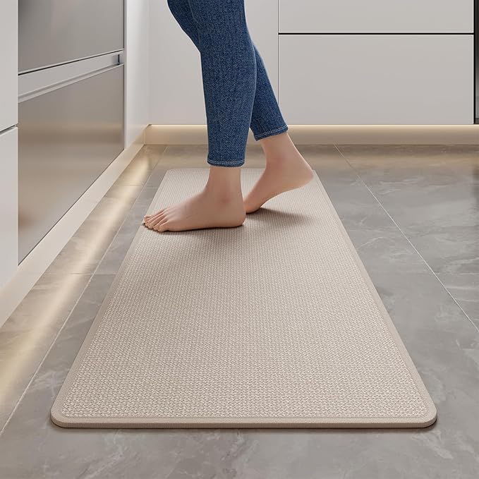 YDKGL Kitchen Mats for Floor, Super Absorbent Kitchen Rugs Non Slip Washable, Soft Imitation Linen Braided Kitchen Runner Rug, Standing Mat Kitchens Sink Mat, Easy to Clean, Beige 17x47