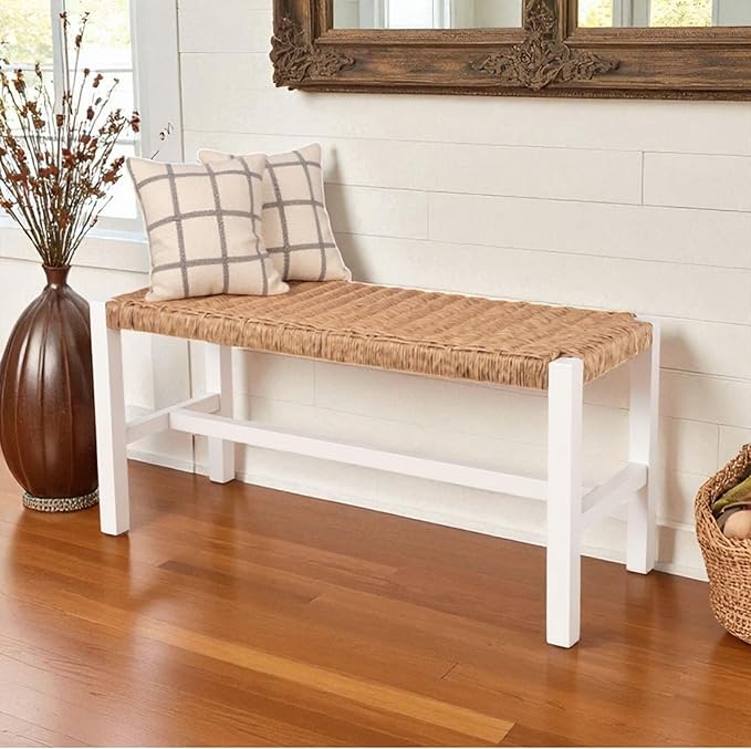 Alaterre Furniture Newport 40 Inch Solid Wood Entryway Bench - Modern Farmhouse Indoor Decorative Bench with Handcrafted Woven Rope Seat - Furniture for Entryway, Dining Room, or Kitchen (White)