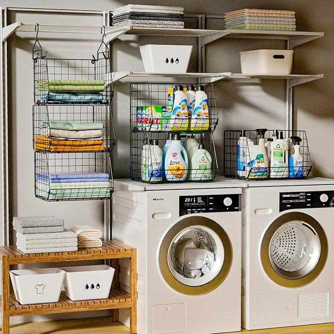 X-cosrack 3-Tier Hanging Closet Organizer, Laundry Room Organization | Space Saving Shelves with 1.65" Hook & 5 S-Hooks | Hanging Wire Baskets (12.4" W x 8.8" H x 10.24-11.8" D)