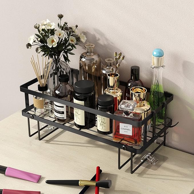 Godboat Bathroom Organizer - Over Toilet Storage, Floating Shelves with 2 Hooks, Wall Mounted Shelf Rack, Behind and Above the Tank, Gifts for Women (Black, 1-Tier)