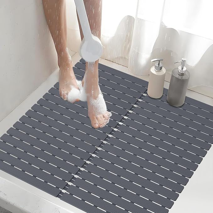 Shower Mat Non-Slip Bath Mat for Tub and Shower Stall,236 Suction Cups with Drain Holes, Quick Dry Machine Washable, Extra Grip for Stand Up Showers, Bathroom Essentials 24x24 Inch (Light Grey)