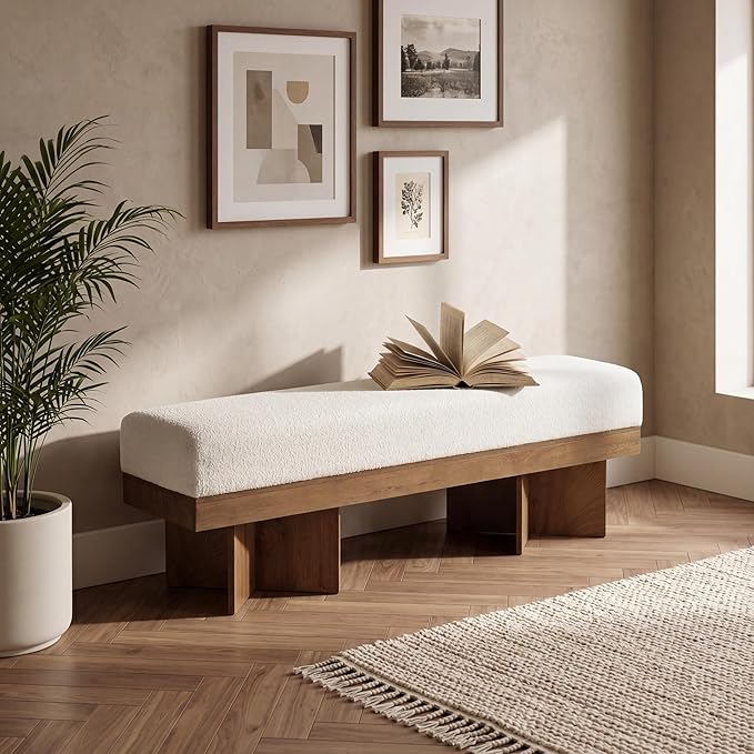 LITTLE TREE 55" Entryway Bench with Faux Lamb Wool, Upholstered Bench with X-Legs, for Living Room, Bedroom, or Foyer (White & Light Walnut)