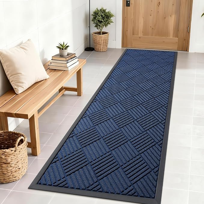 OLANLY Front Door Mat Outside Entrance 71x23, Absorbent, Heavy Duty Sturdy Natural Rubber Doormat Indoor Outdoor, Stain Fade Resistant, Non-Slip Low Profile Floor Mat for Entryway, Navy Blue Diamond
