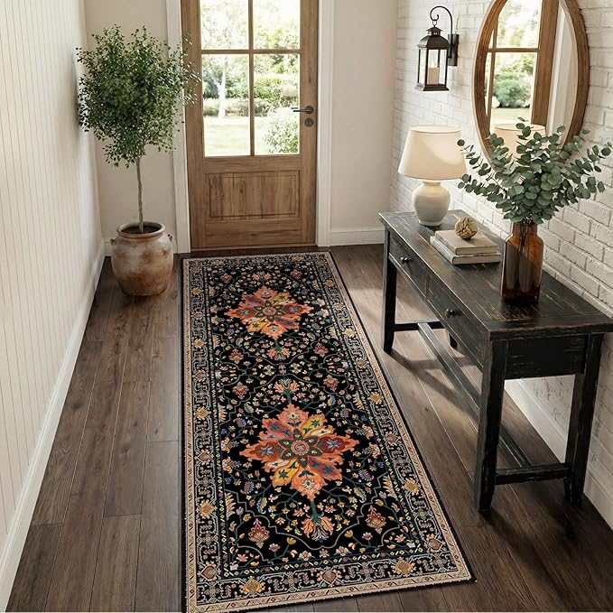 RELEANY Area Rugs Runner 2'x6' Washable Non-Slip, Floral Vintage Distress Medallion Carpet for Kitchen Hallway Bedroom Beside Laundry Room Bathroom, Black Colorful Floral Dark Tan