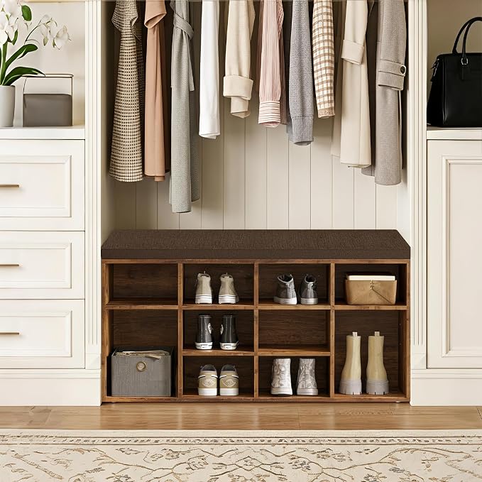 DINZI LVJ Shoe Storage Bench with Cushion, Cubby Shoe Rack with 12 Cubbies, Adjustable Shelves, Multifunctional Shoe Organizer Bench for Entryway, Mudroom, Hallway, Closet and Garage, Rustic Brown